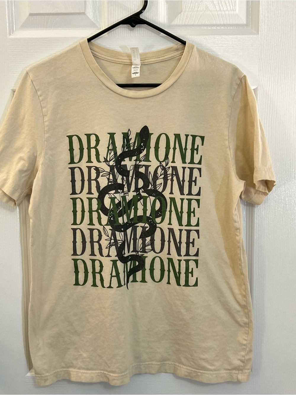 Drimone Snake Graphic Tee Cream Green Black Cotton T-Shirt Women’s Large